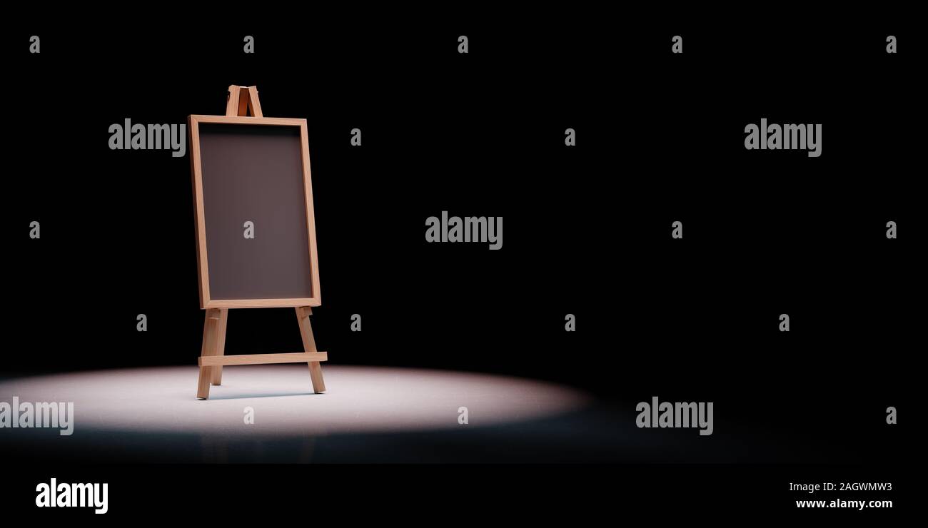 Blank Blackboard on Wooden Easel Spotlighted on Black Background with Copy Space 3D Illustration Stock Photo