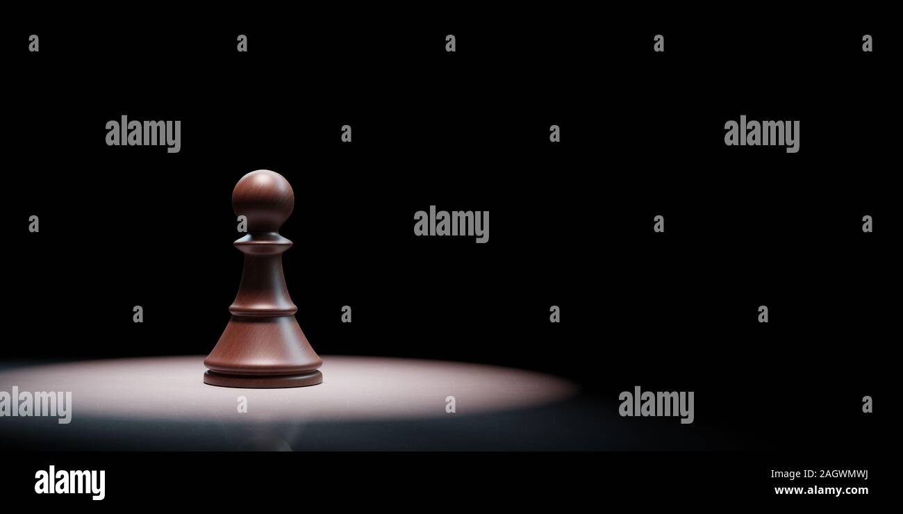 One Black Wooden Chess Pawn Spotlighted on Black Background with Copy Space 3D Illustration Stock Photo