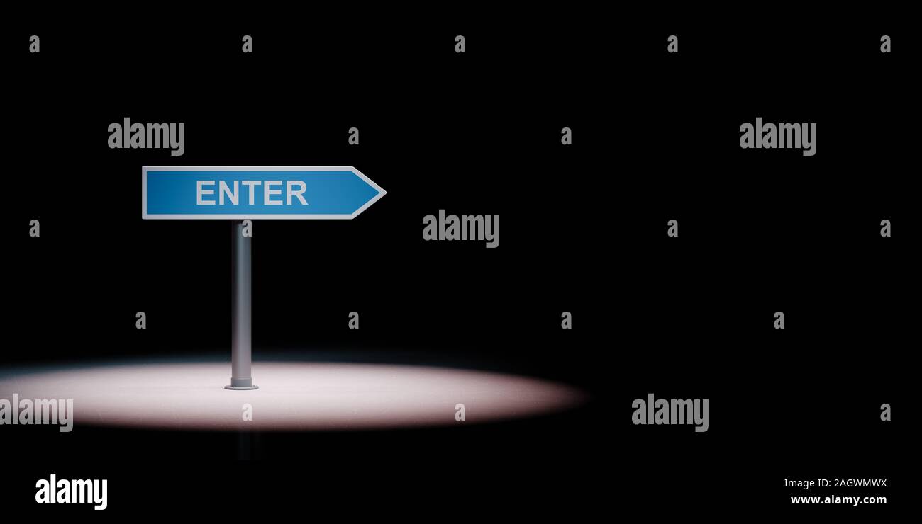 Blue Enter Directional Arrow Spotlighted on Black Background with Copy Space 3D Illustration Stock Photo