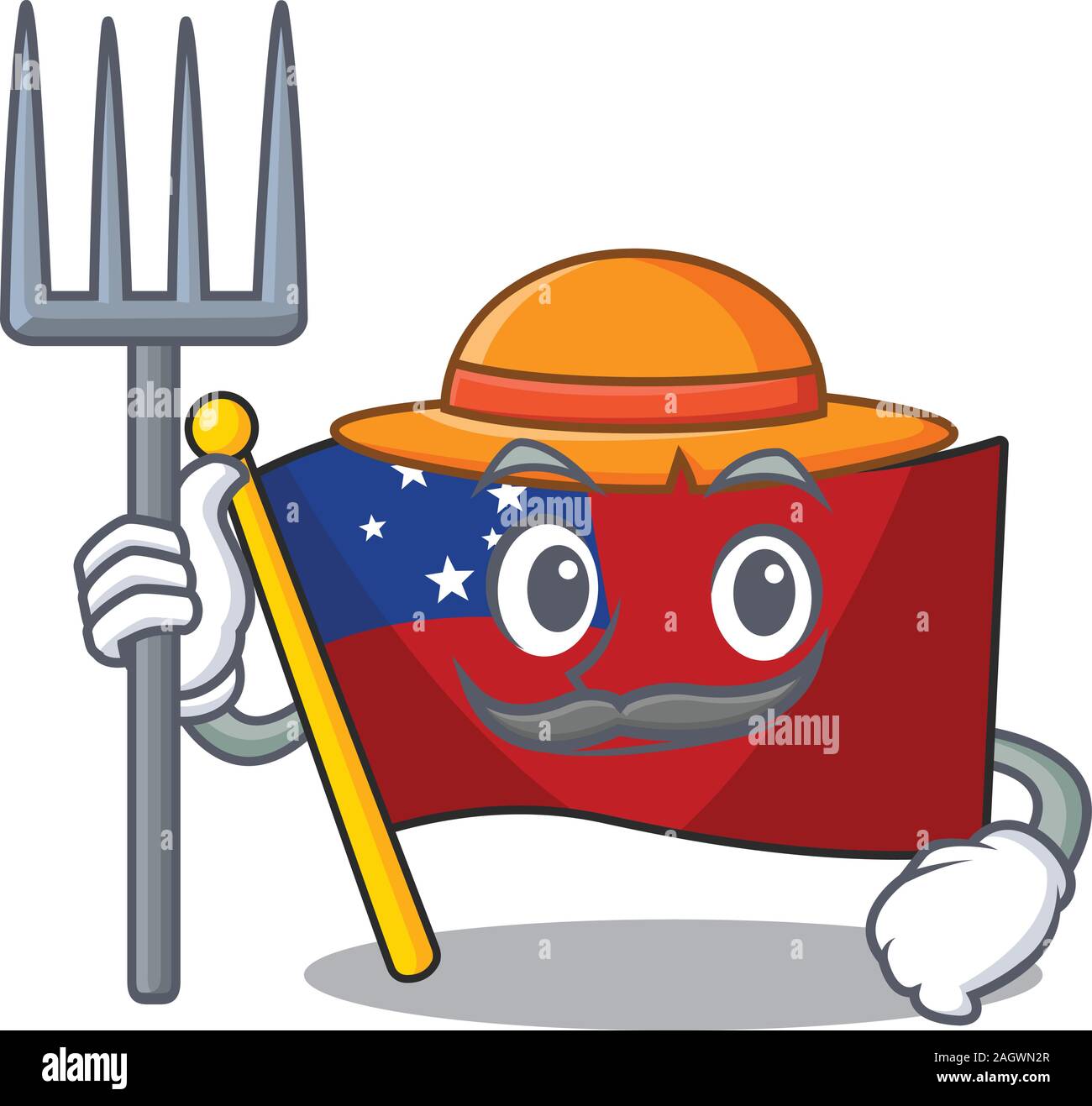 Happy Farmer flag samoa Scroll cartoon character with hat and tools Stock Vector