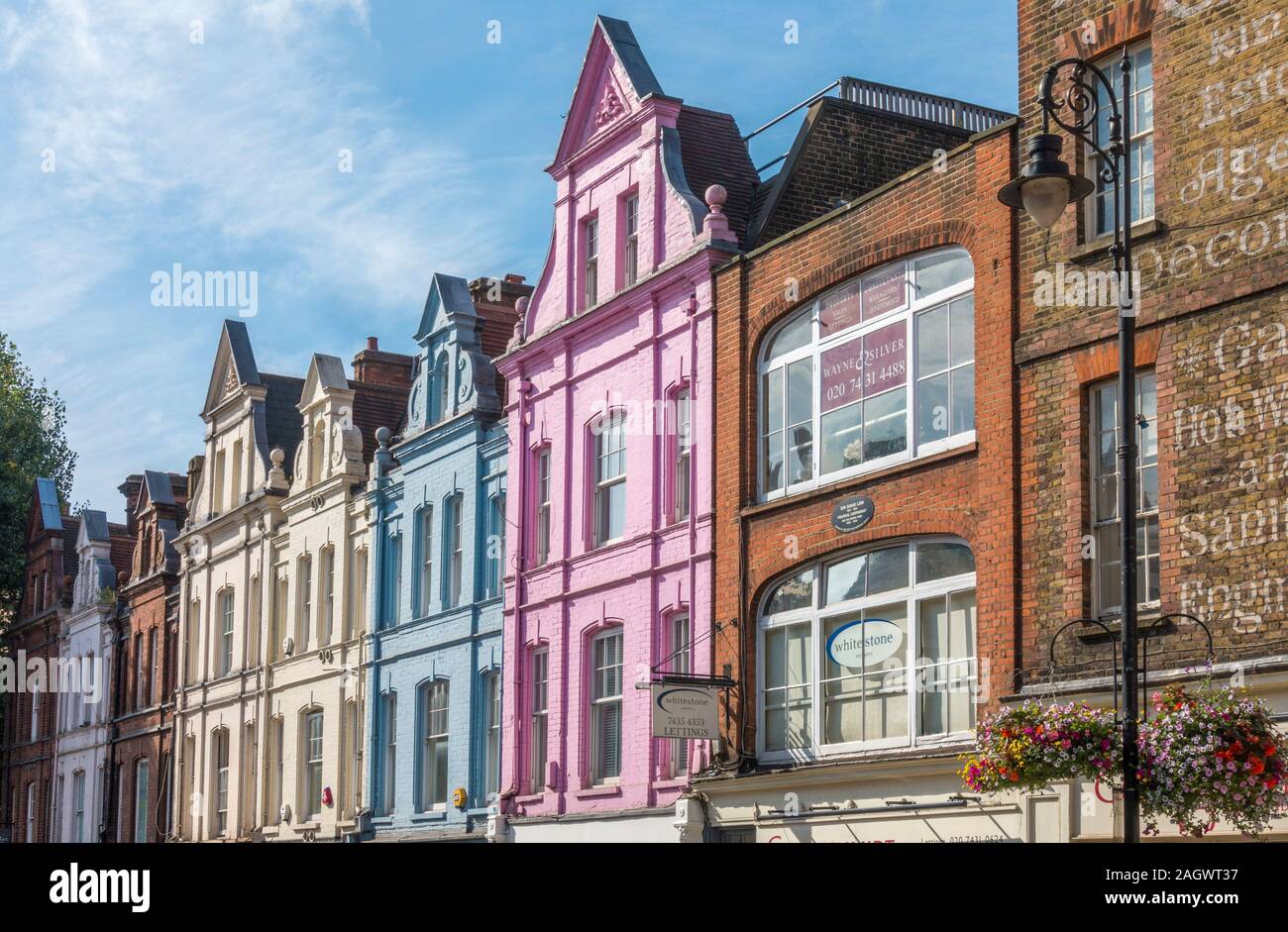 Colourful period property facades in Heath Street, Hampstead, London