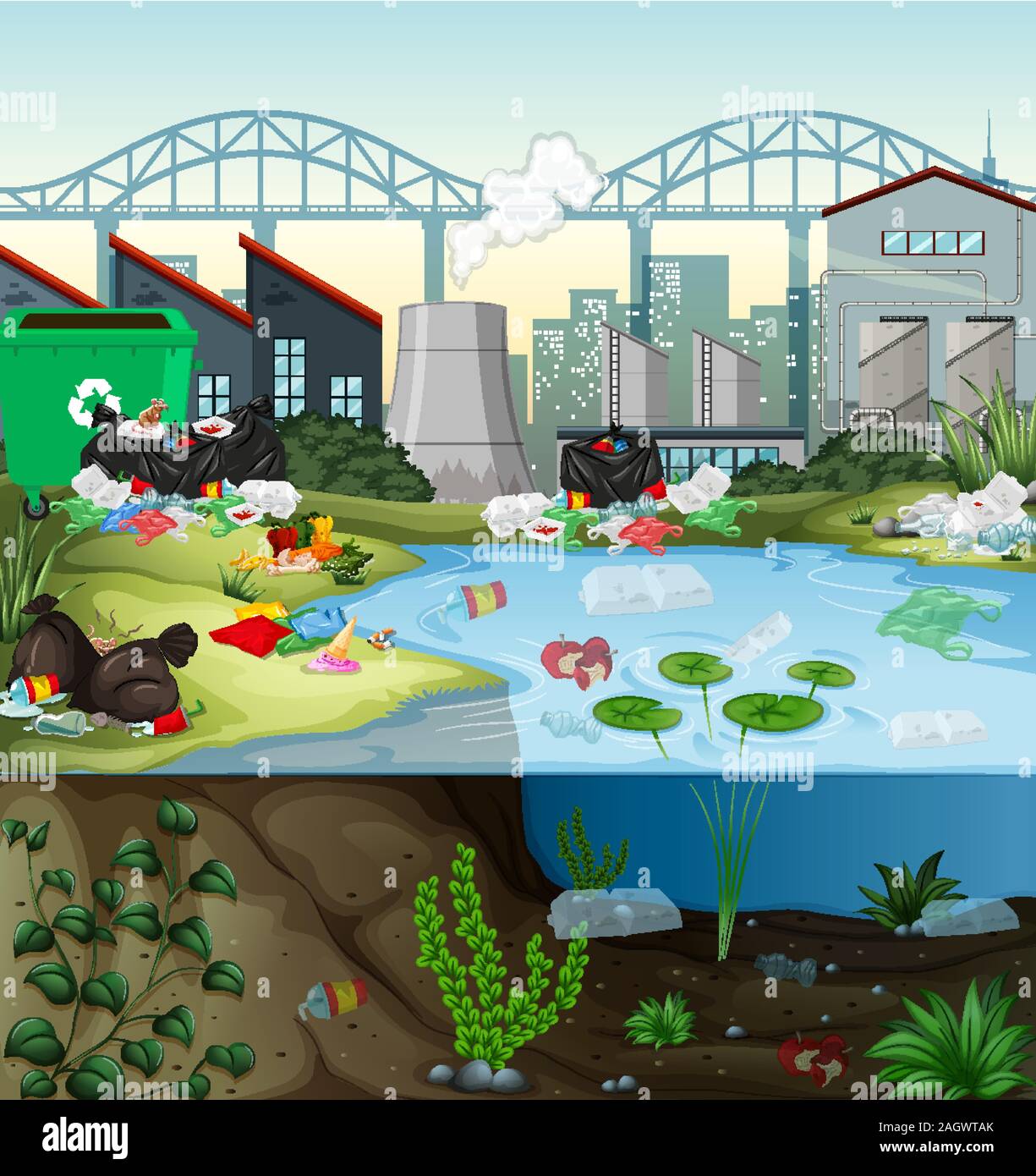 Water pollution with plastic bags in river illustration Stock Vector ...