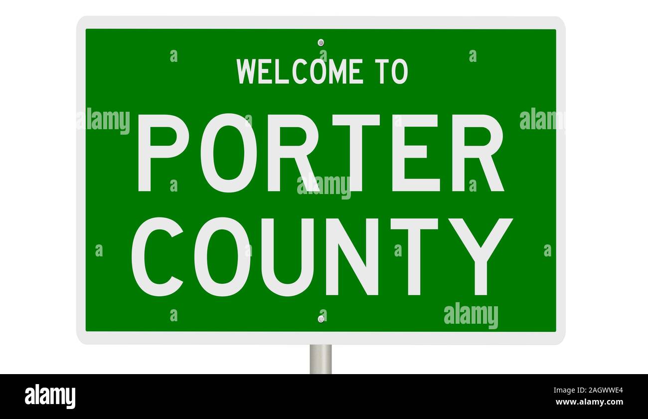 Rendering of a green 3d highway sign for Porter County Stock Photo