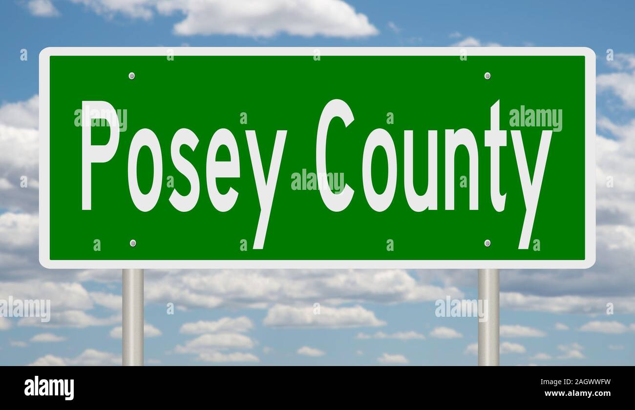Rendering of a green 3d highway sign for Posey County Stock Photo