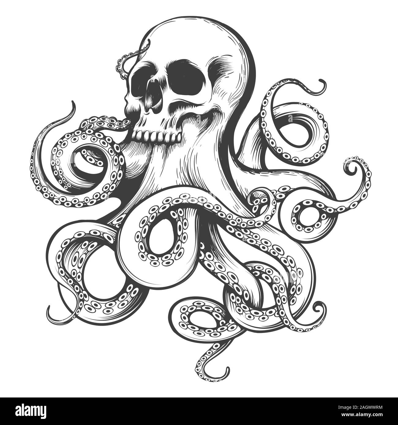 Human skull with octopus tentacles. Tattoo in engraving style. Vector illustration. Stock Vector