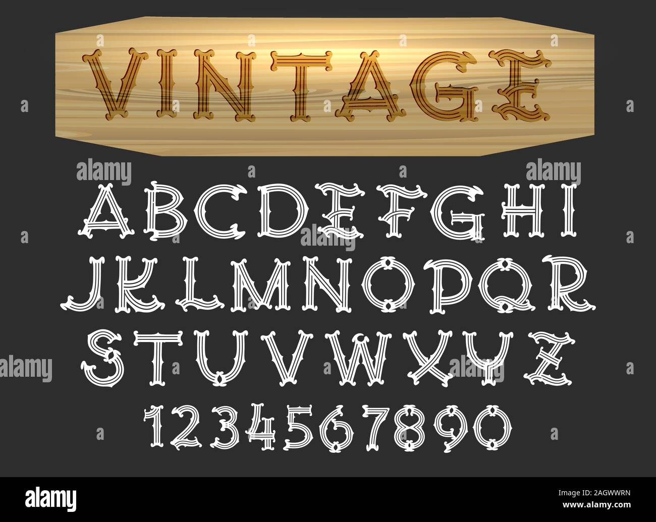 Vintage font in wood cut style. All letters isolated on white background. Vector illustration. Stock Vector
