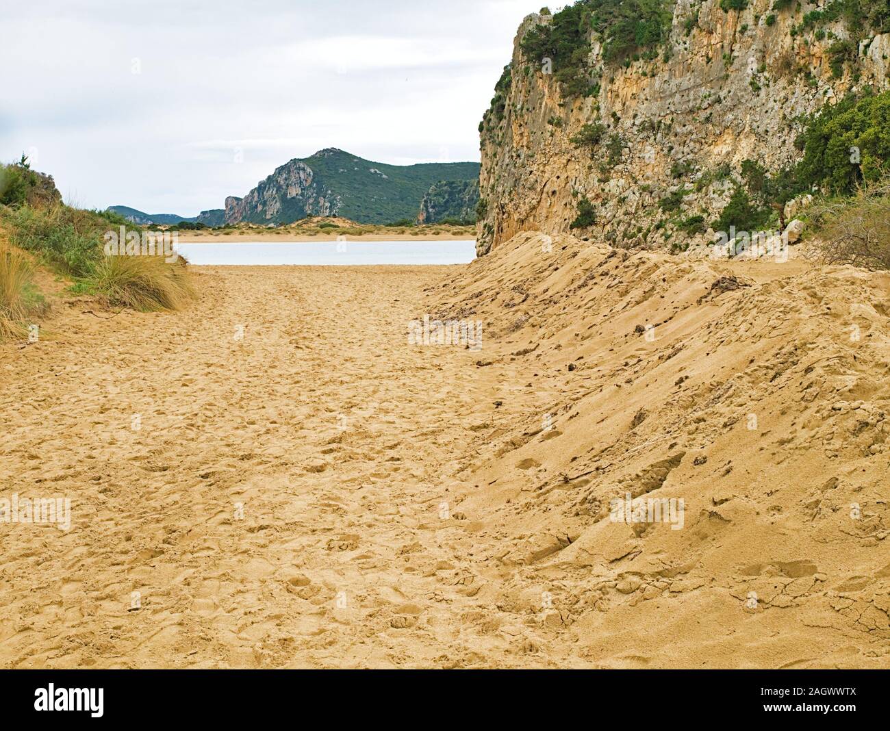 Sandy path leading to Voidokoilia beach, Messinia, Greece. Stock Photo
