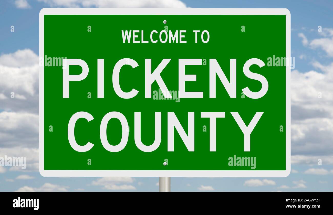 Rendering of a green 3d highway sign for Pickens County Stock Photo