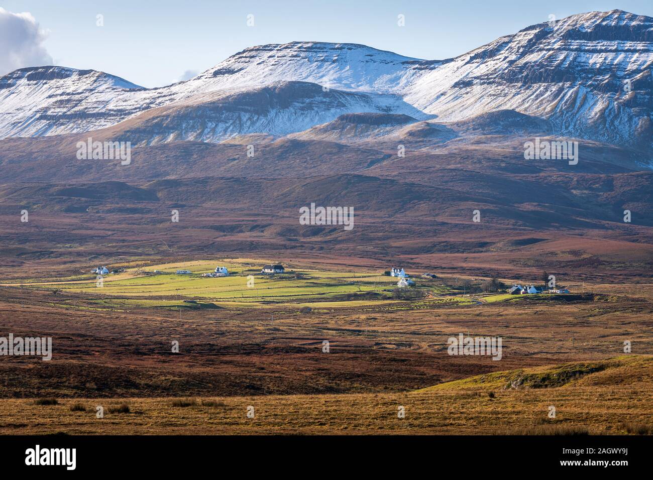 Cuillin Mountains, Houses, Isle of Skye Stock Photo