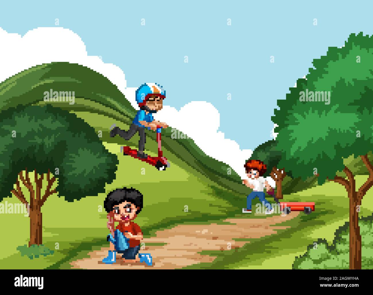 Scene with three boys playing in the park illustration Stock Vector ...