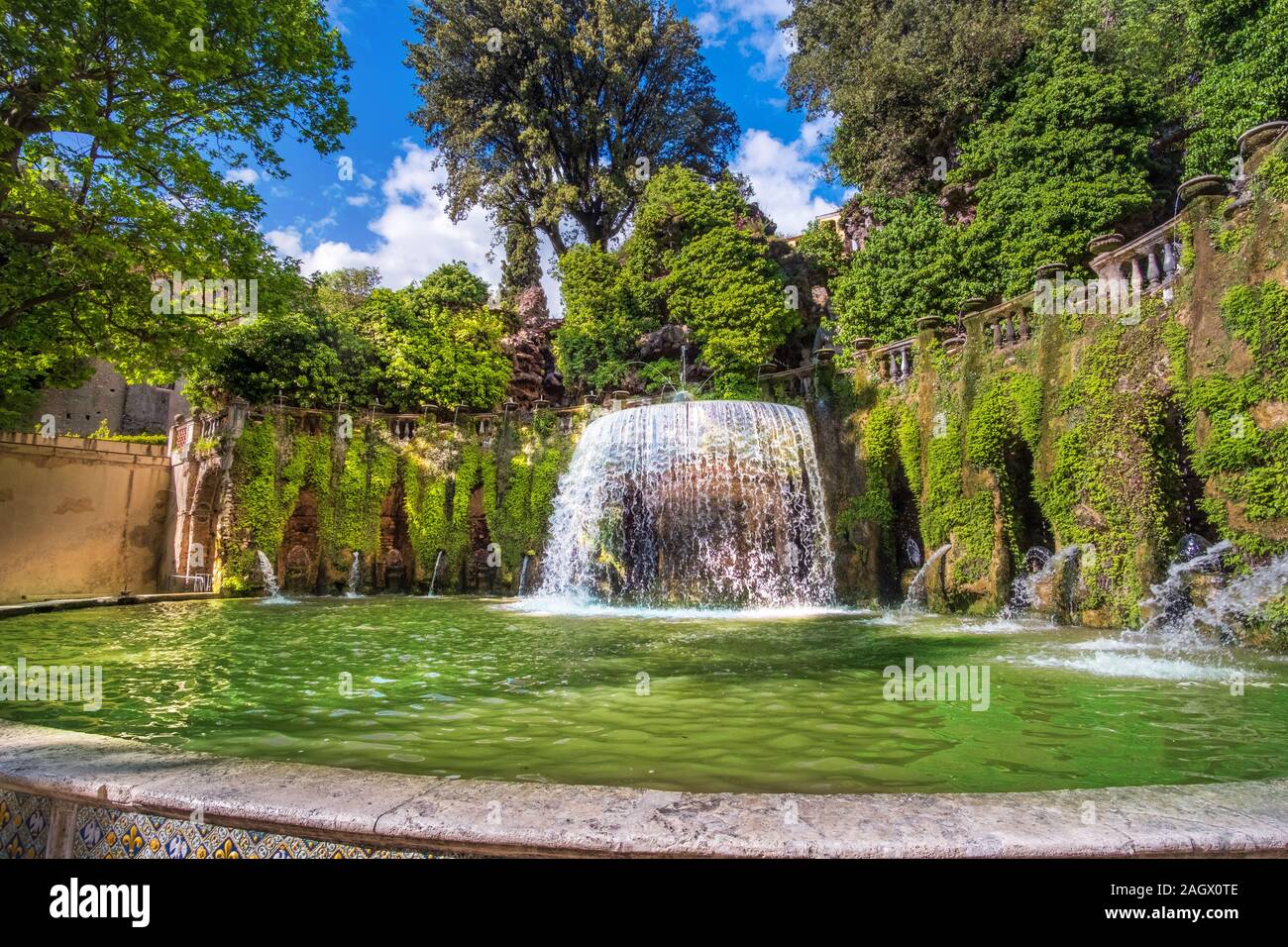 Lazio region landmarks - Villa D Este gardens - Oval Fountain or Fontana del Ovato in Tivoli near Rome - Italy Stock Photo