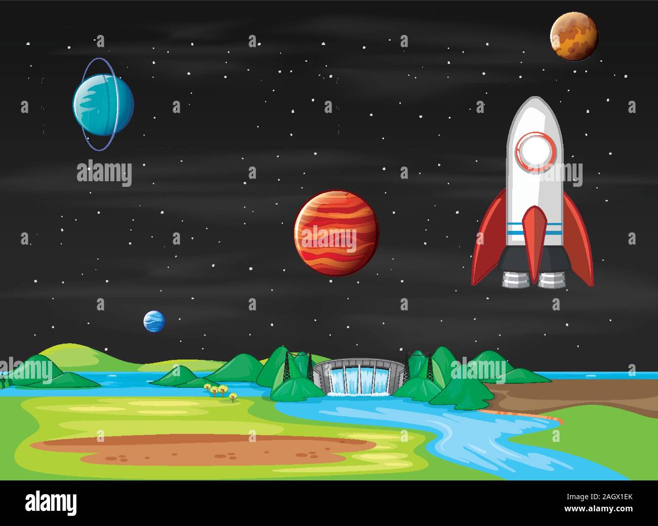 Scene with spaceship flying in the sky illustration Stock Vector Image ...