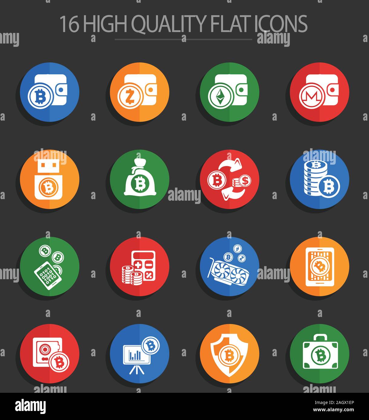 Cryptocurrency and mining 16 flat icons Stock Vector