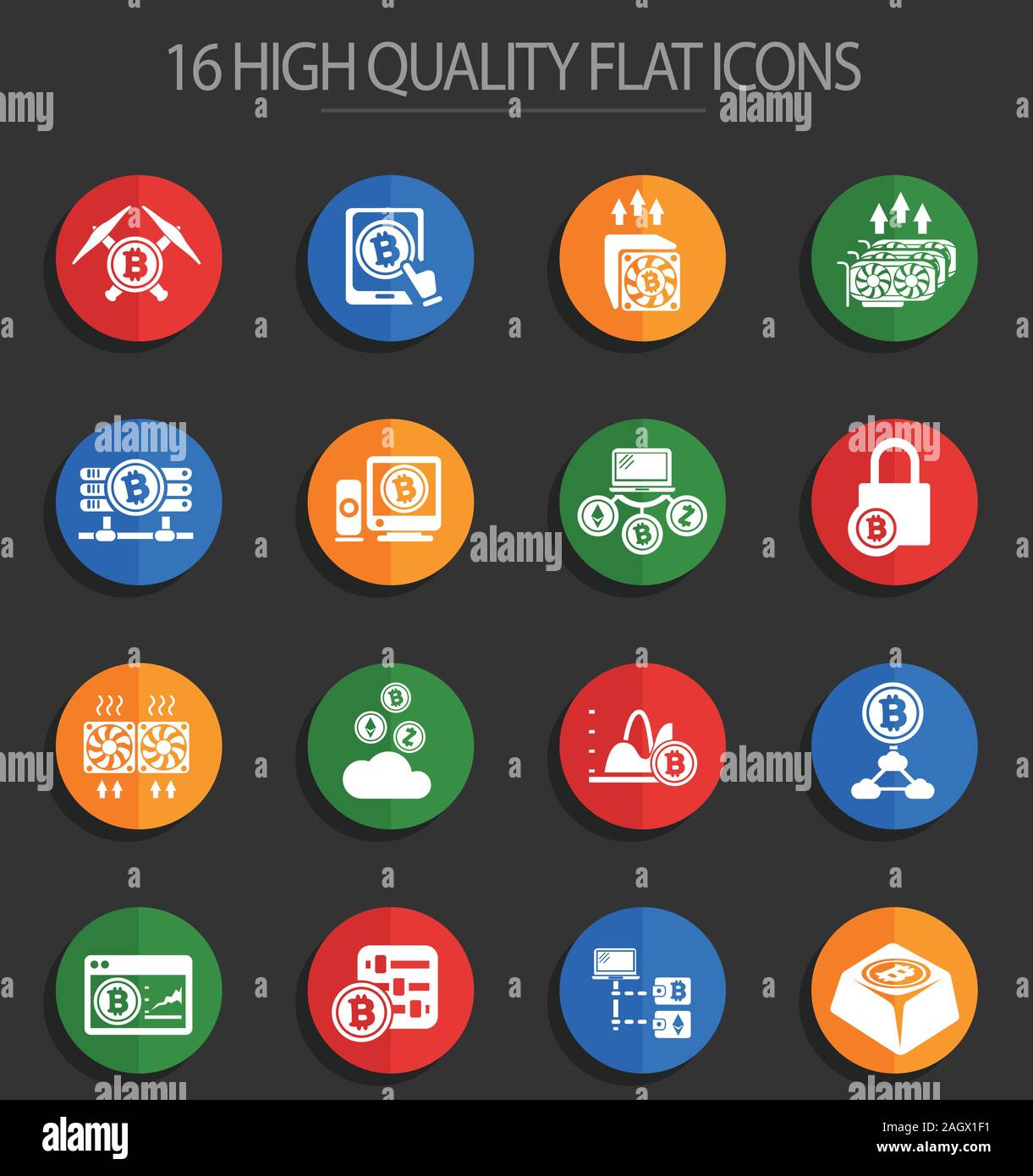 Cryptocurrency and mining 16 flat icons Stock Vector