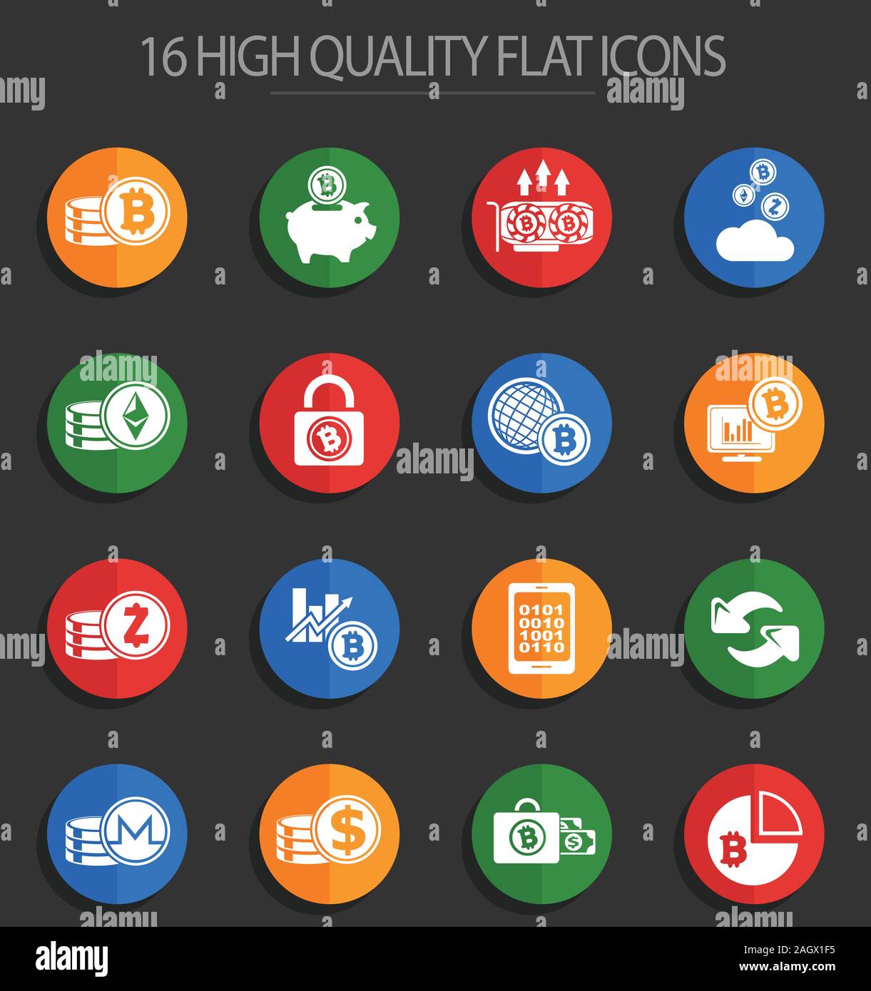 Cryptocurrency and mining 16 flat icons Stock Vector