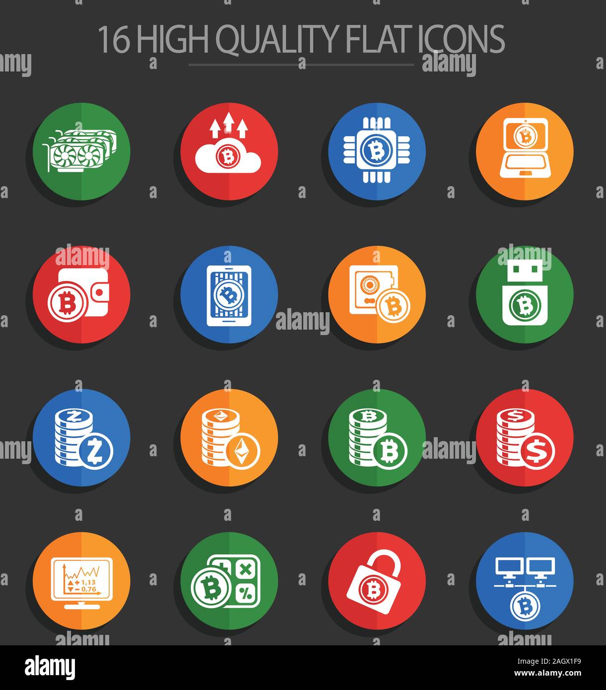 Cryptocurrency and mining 16 flat icons Stock Vector