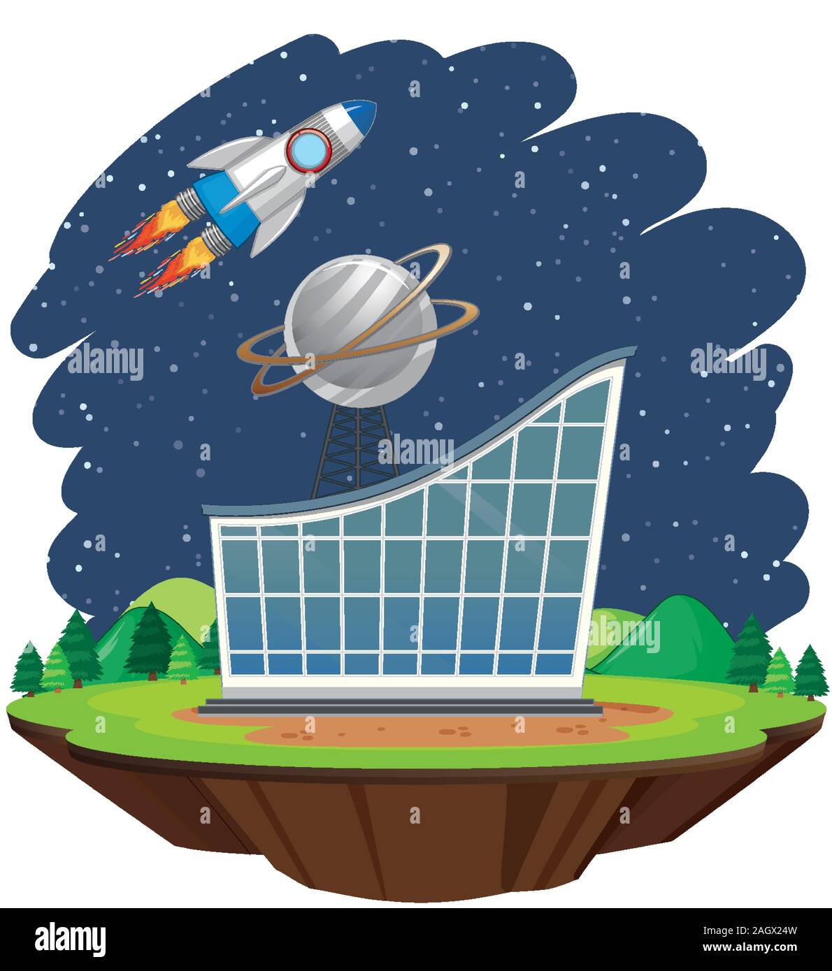 Scene with spaceship flying in the sky illustration Stock Vector Image ...