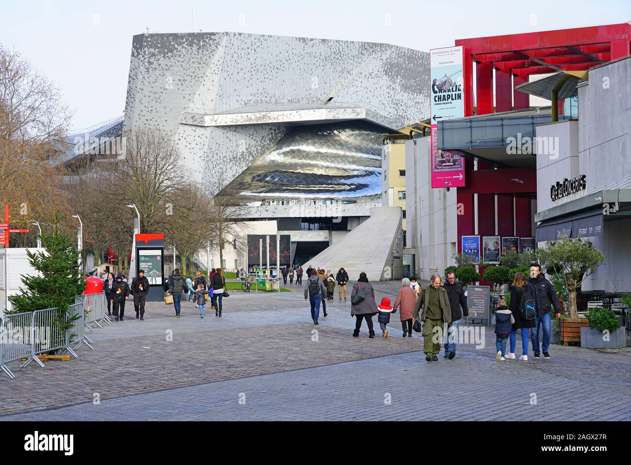 PARIS, FRANCE -18 DEC 2019- View of the Philharmonie de Paris, a landmark contemporary building designed by star architect Jean Nouvel housing concert Stock Photo