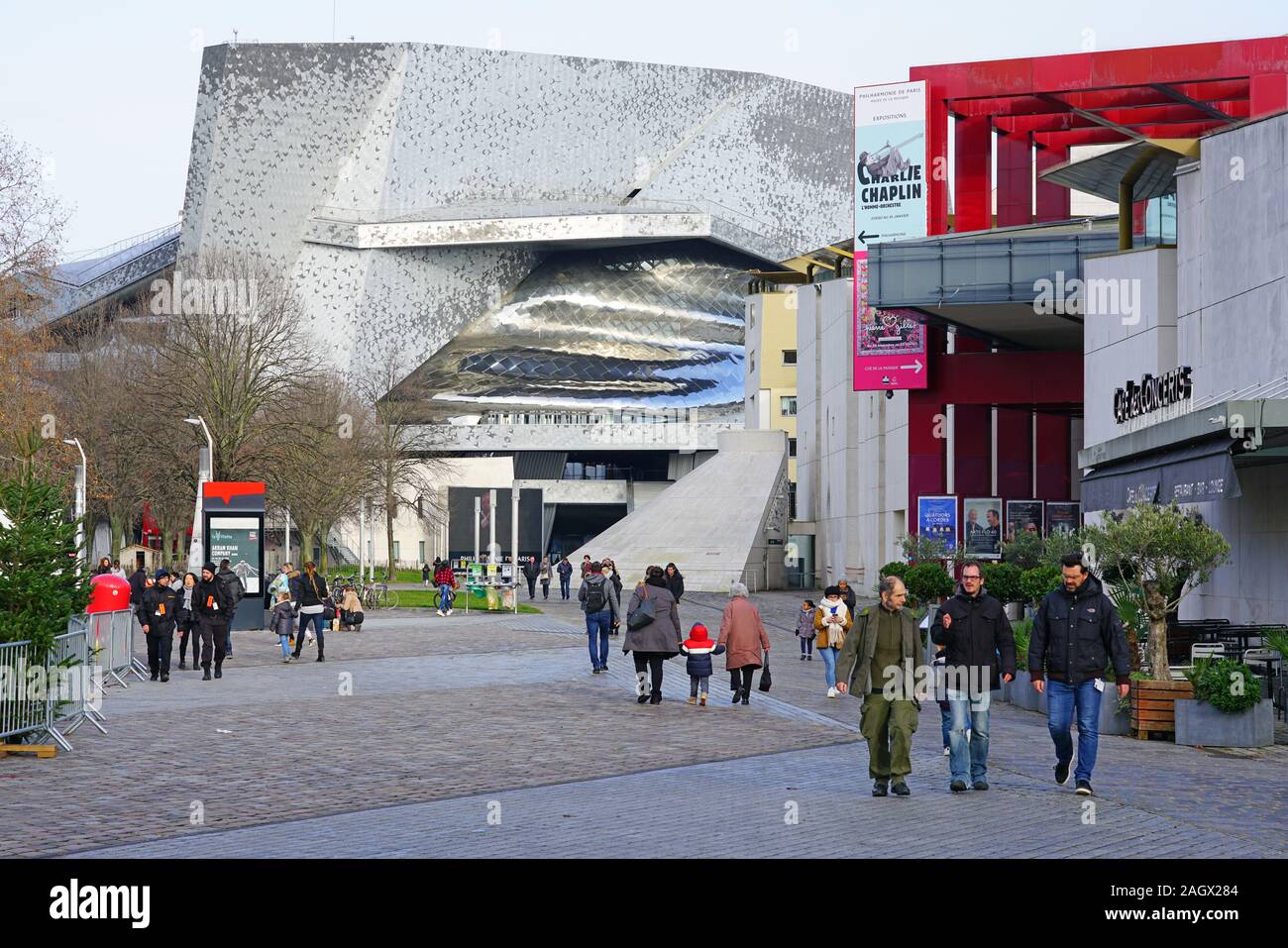 PARIS, FRANCE -18 DEC 2019- View of the Philharmonie de Paris, a landmark contemporary building designed by star architect Jean Nouvel housing concert Stock Photo