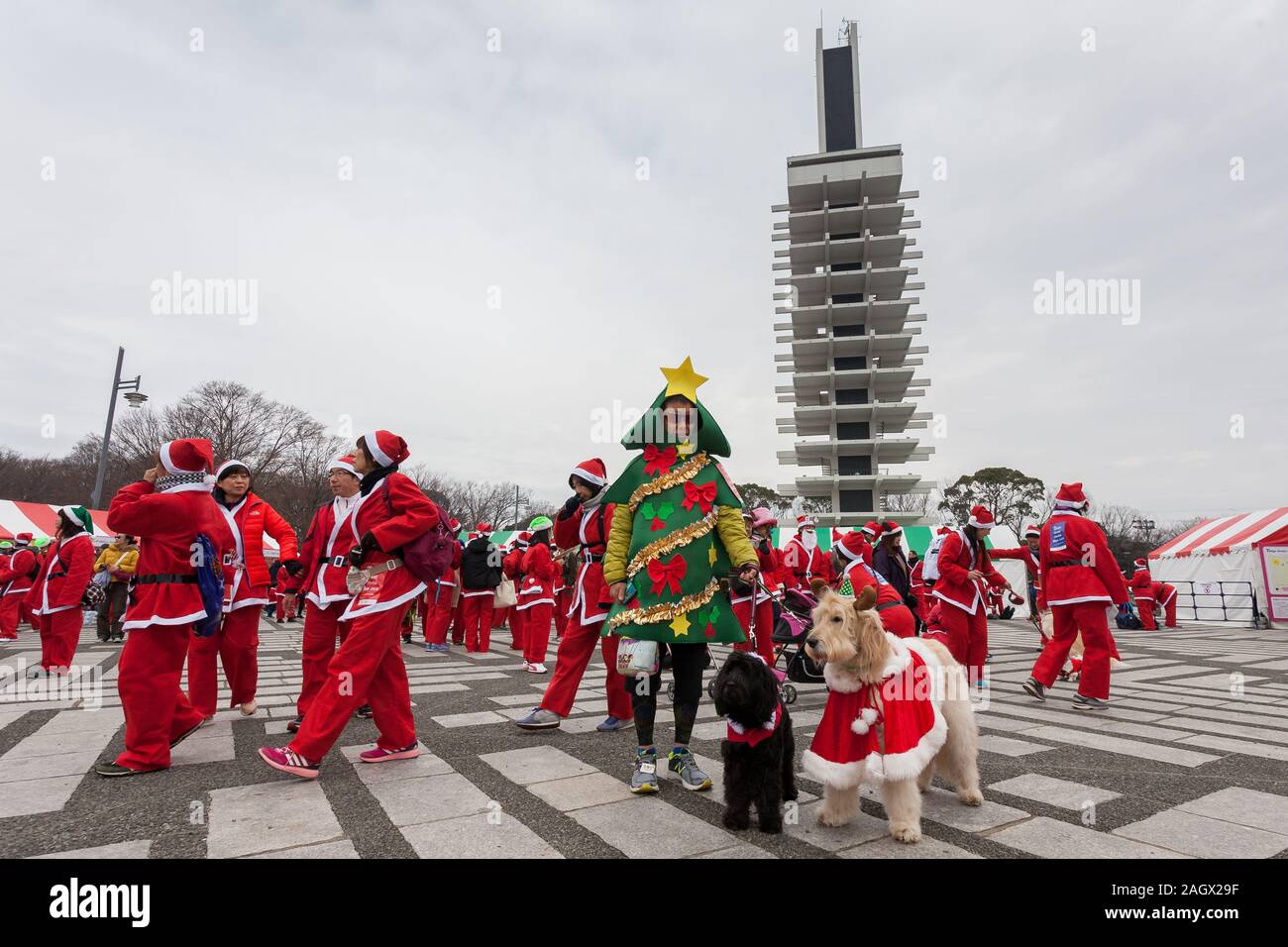 Participants with dogs take part in the Tokyo Great Santa Run in Komazawa-daigaku Olympic Park, Tokyo, Japan. Sunday December 22nd 2019, The great Santa Run was first run in Tokyo in 2018. This years run saw over 3,000 people in Santa costumes run and walk a 4.3 kilometre course to raise money for medical charities in japan and water projects for the Maasai in Kenya. Stock Photo