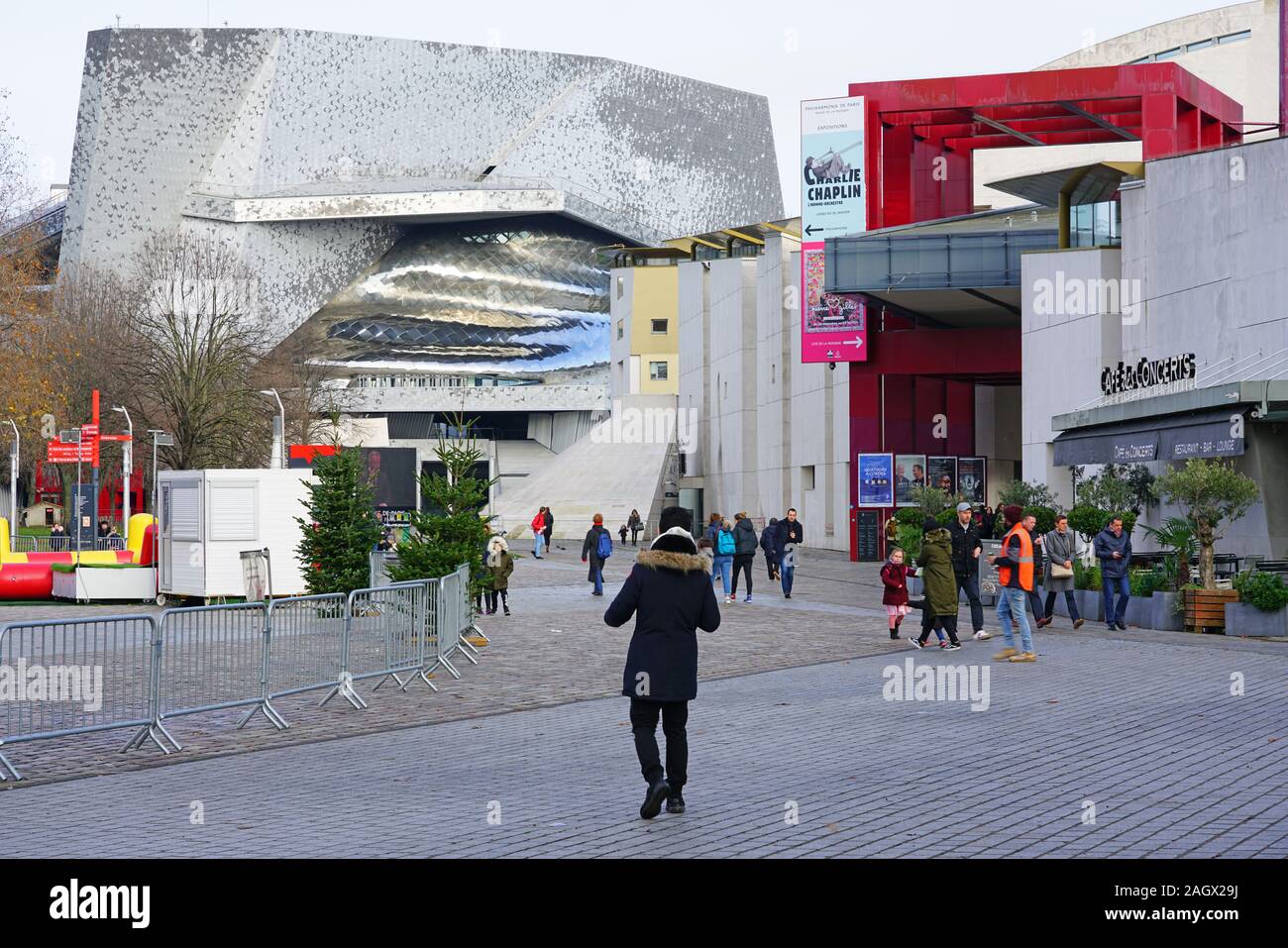 PARIS, FRANCE -18 DEC 2019- View of the Philharmonie de Paris, a landmark contemporary building designed by star architect Jean Nouvel housing concert Stock Photo