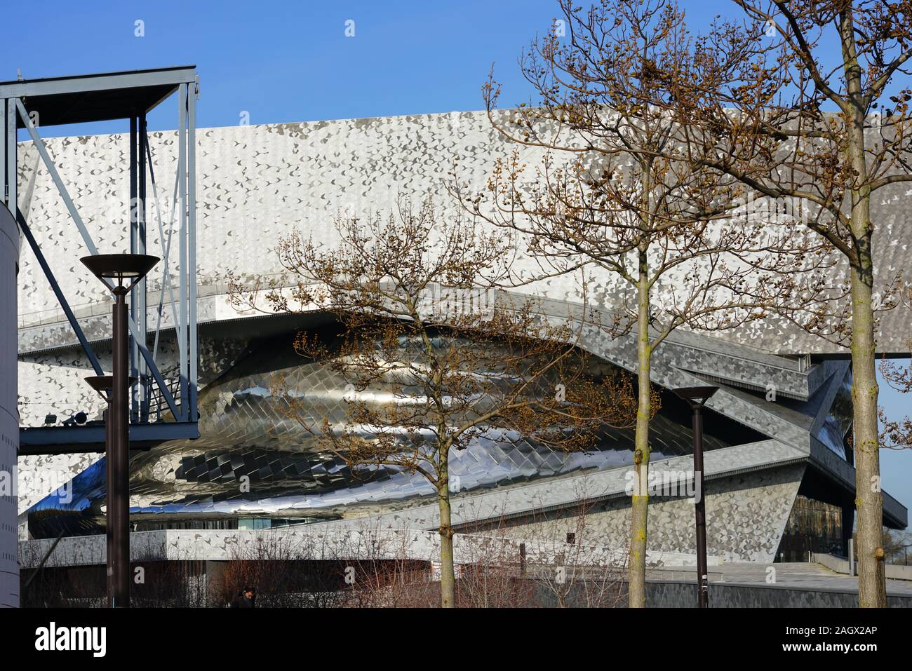 PARIS, FRANCE -18 DEC 2019- View of the Philharmonie de Paris, a landmark contemporary building designed by star architect Jean Nouvel housing concert Stock Photo