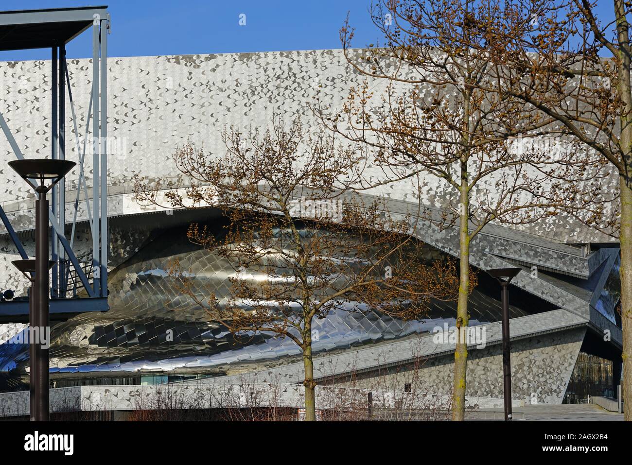 PARIS, FRANCE -18 DEC 2019- View of the Philharmonie de Paris, a landmark contemporary building designed by star architect Jean Nouvel housing concert Stock Photo