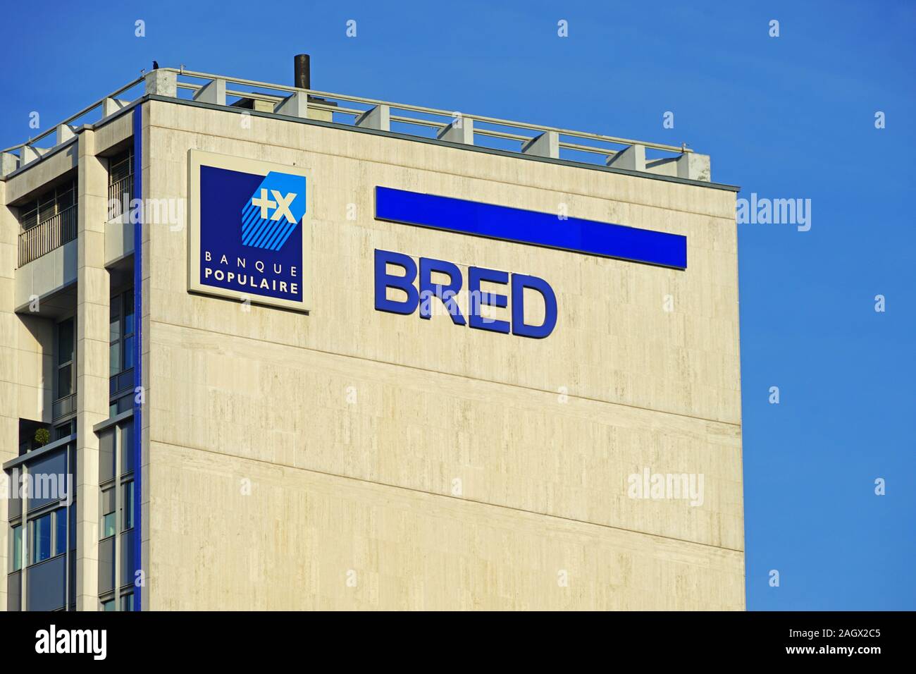 PARIS, FRANCE -18 DEC 2019- View of the BRED Banque Populaire building on Quai de la Rapee in Paris, France. Stock Photo