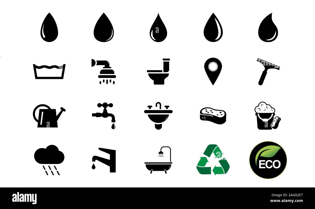 Water icon set flat style black on white background, simply vector design, water symbol icons, water drop silhouette. Stock Vector