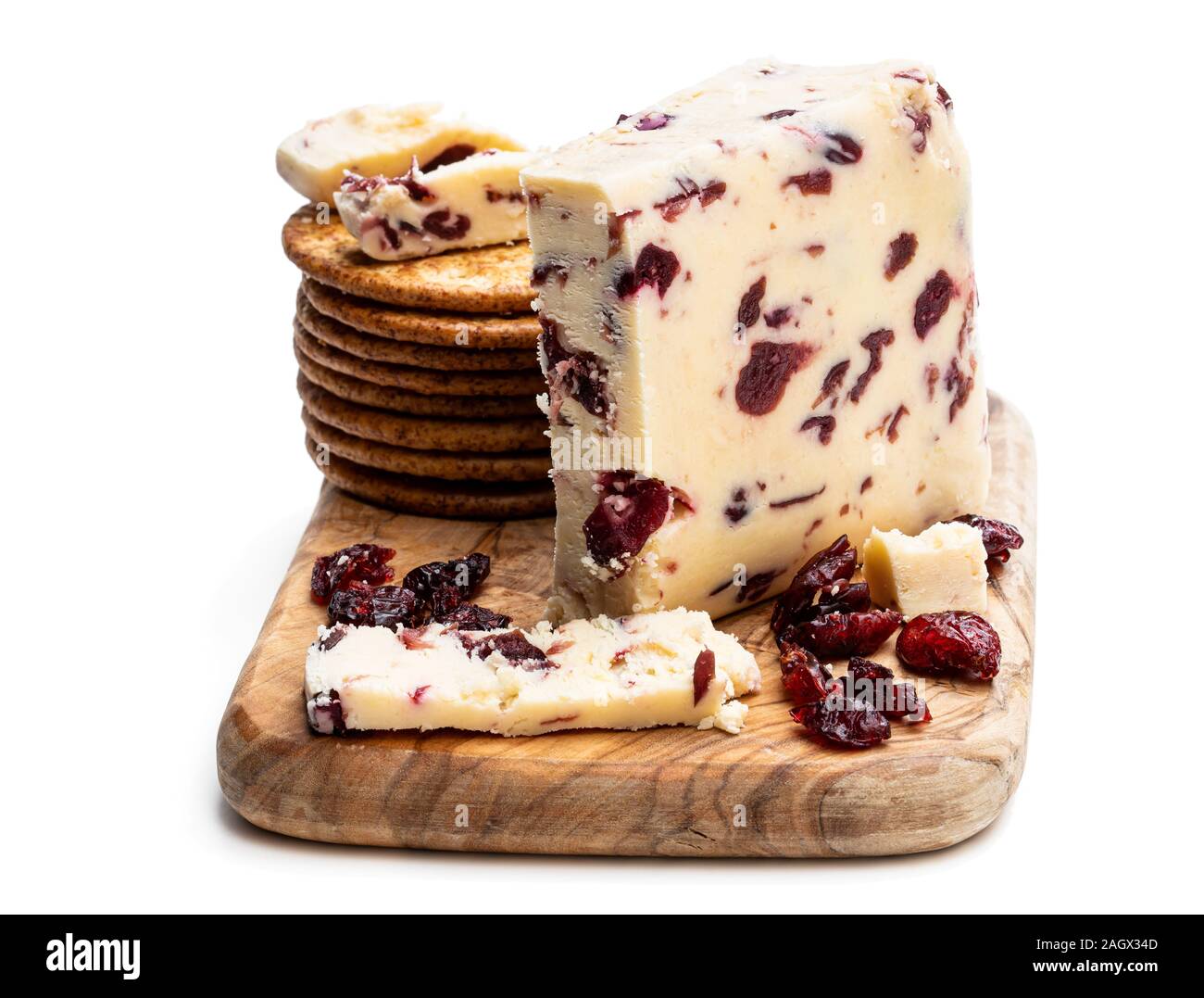 Cranberry cheddar cheese with wheat crackers isolated on white Stock