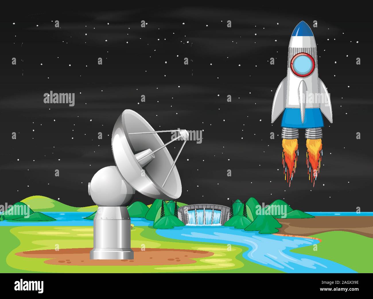 Scene with spaceship flying in the sky illustration Stock Vector Image ...