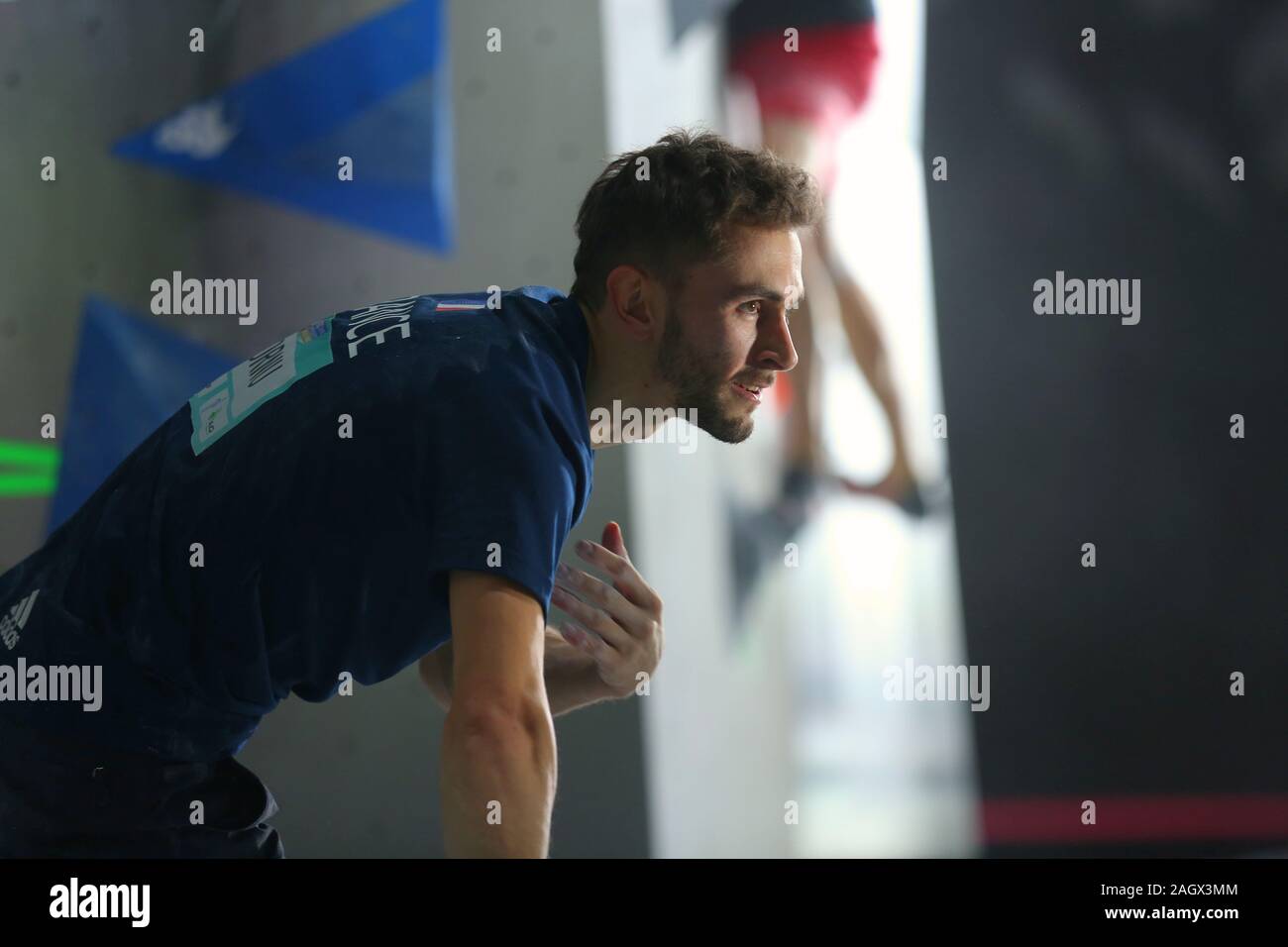 TOULOUSE, FRANCE - 28 NOV 2019: Manuel Cornu during the Men's Bouldering Qualification of the Sports Climbing Combined Olympic Qualification Tournament in Toulouse, France (Photo Credit: Mickael Chavet) Stock Photo