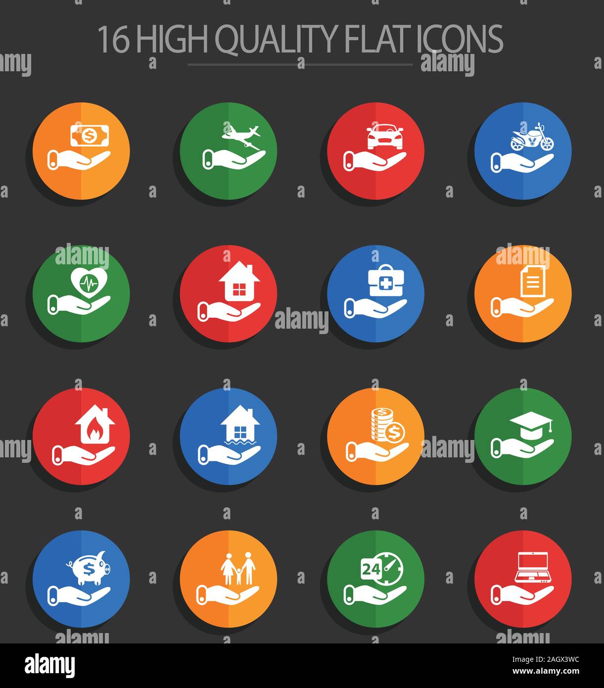 insurance 16 flat icons Stock Vector Image & Art - Alamy