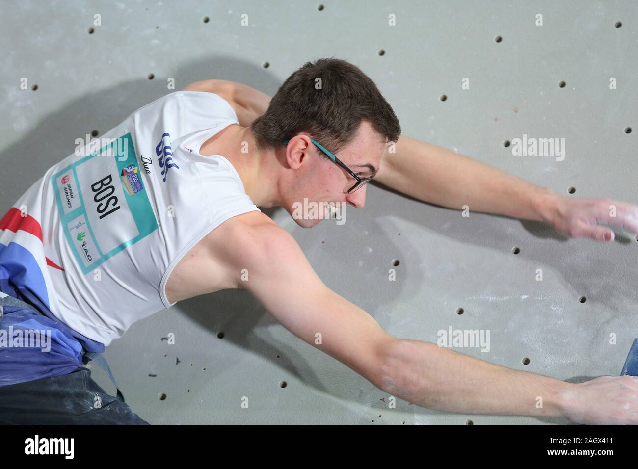 TOULOUSE, FRANCE - 28 NOV 2019: William Bosi during the Men's Bouldering Qualification of the Sports Climbing Combined Olympic Qualification Tournament in Toulouse, France (Photo Credit: Mickael Chavet) Stock Photo