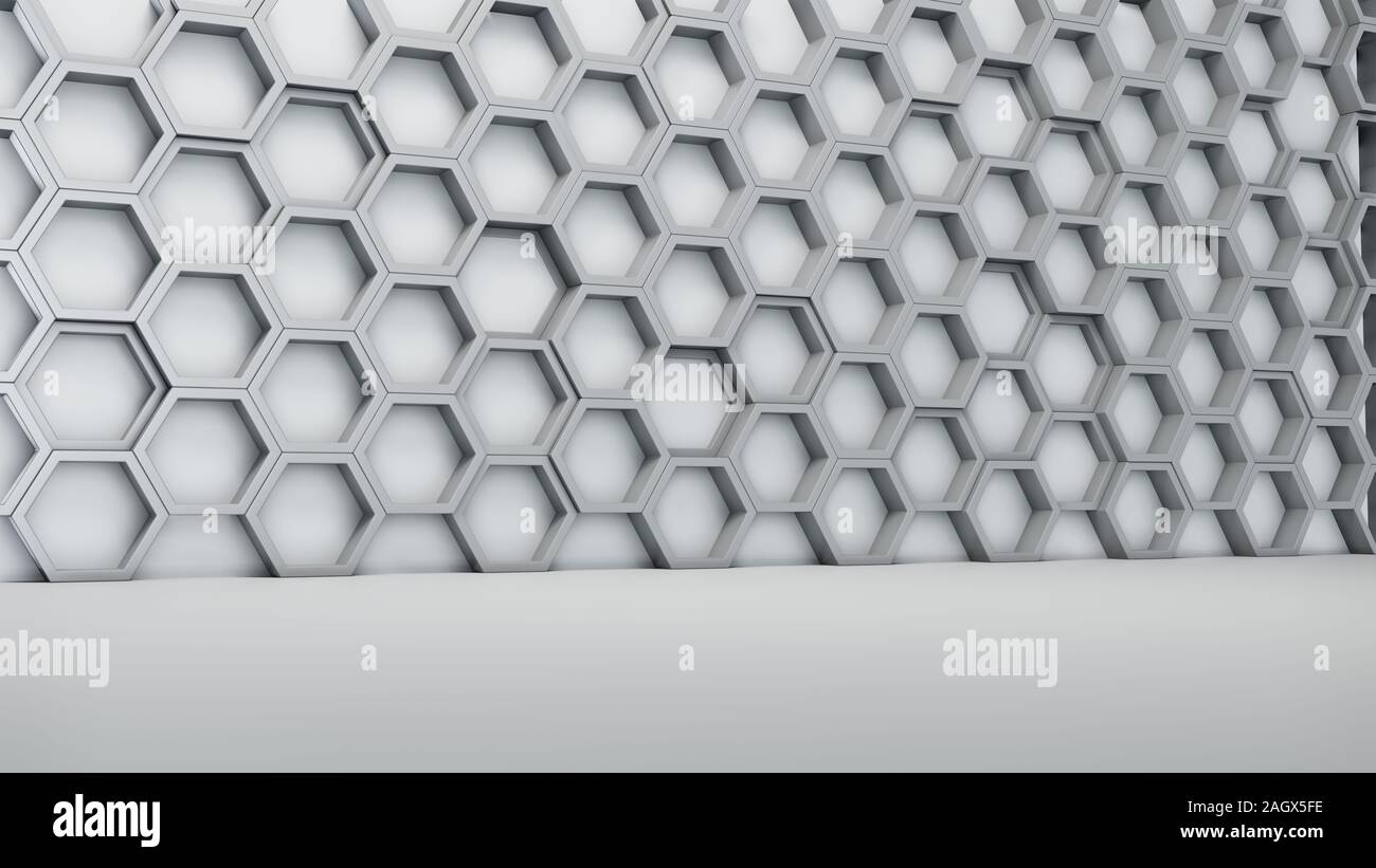 Empty white interior with hexagon shelves on the wall, 3D rendering ...