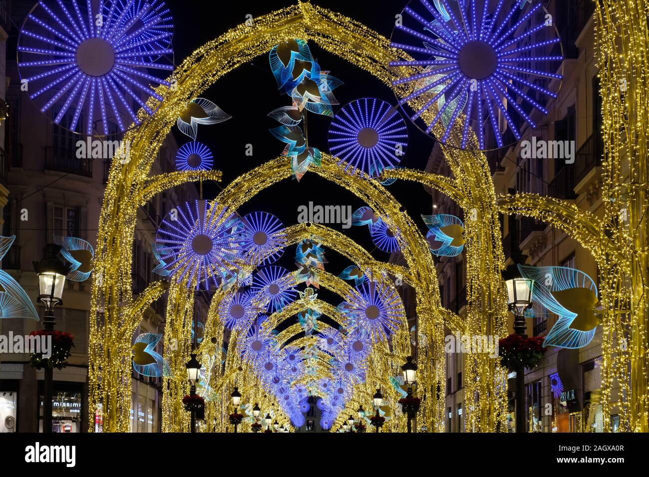 Christmas lights on Calle Larios in the city of Malaga, Andalucia, Spain, Europe Stock Photo