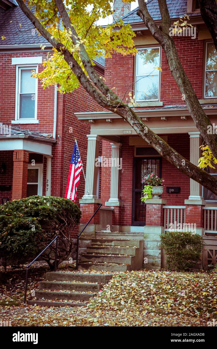 Traditional residential house with American flag in German Village