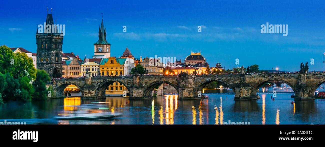 View of dowtown Prague with Charles Bridge over the Vltava river. Czech Republic Stock Photo