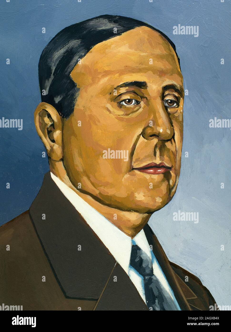 Jose Augusto Trinidad Martinez Ruiz, known by his pseudonym Azorin (1873-1967). Spanish novelist. One of the members of the Generation of 98. Modernist style.  Portrait. Drawing and watercolor by the Spanish illustrator Francisco Fonollosa (d. late 20th century). Stock Photo