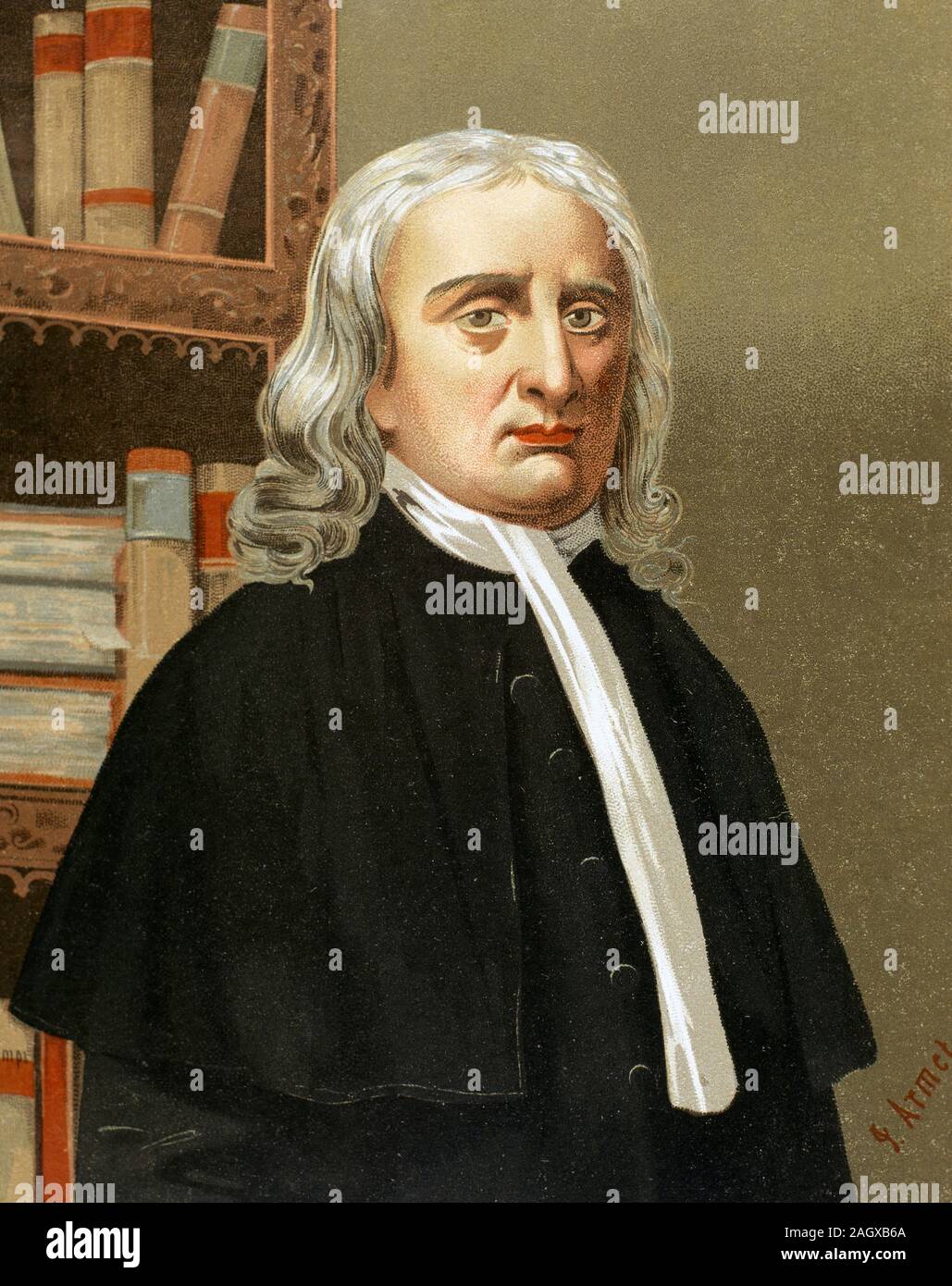 Isaac Newton (1642-1726/1727). English mathematician, astronomer and physicist. Chromolithography, 1876. Stock Photo