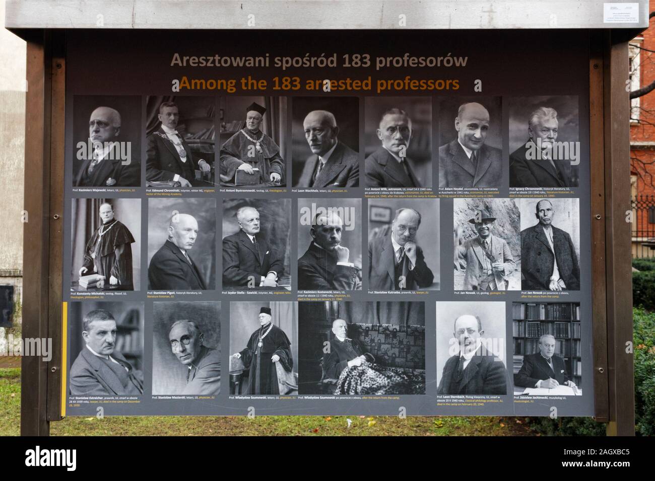 Photos  in the Professors’ Garden, Krakow, Poland, showing professors from Jagiellonian University arrested and incarcerated by the Nazis during WW2. Stock Photo