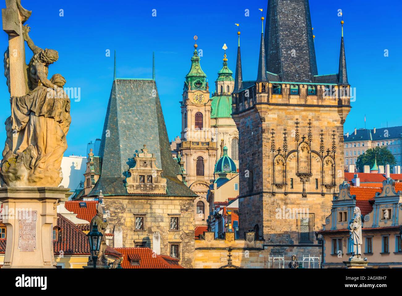 Historic architecture of downtown Prague, Czech Republicm. View from Charles Bridge Stock Photo