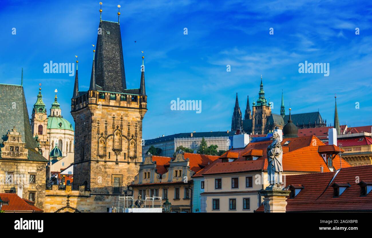 Historic architecture of downtown Prague, Czech Republicm. View from Charles Bridge Stock Photo