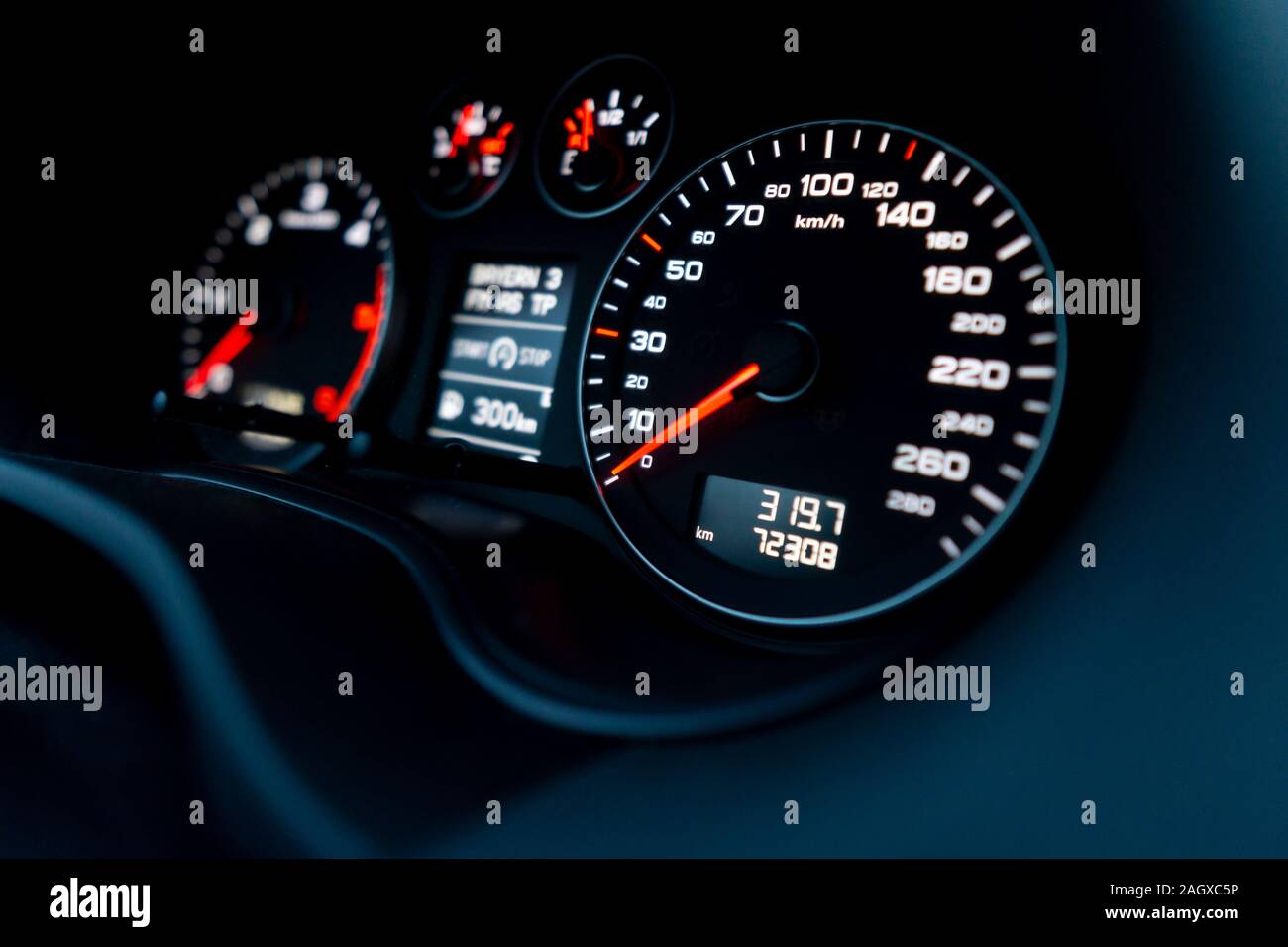 Close up shot of a speedometer in a car. Car dashboard. Dashboard