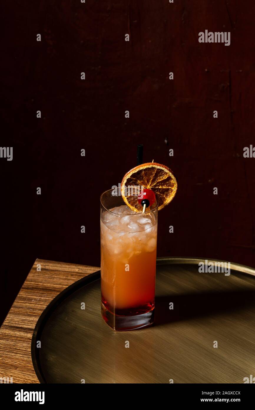 Tequila sunrise, a cocktail with tequila, freshly squeezed orange juice