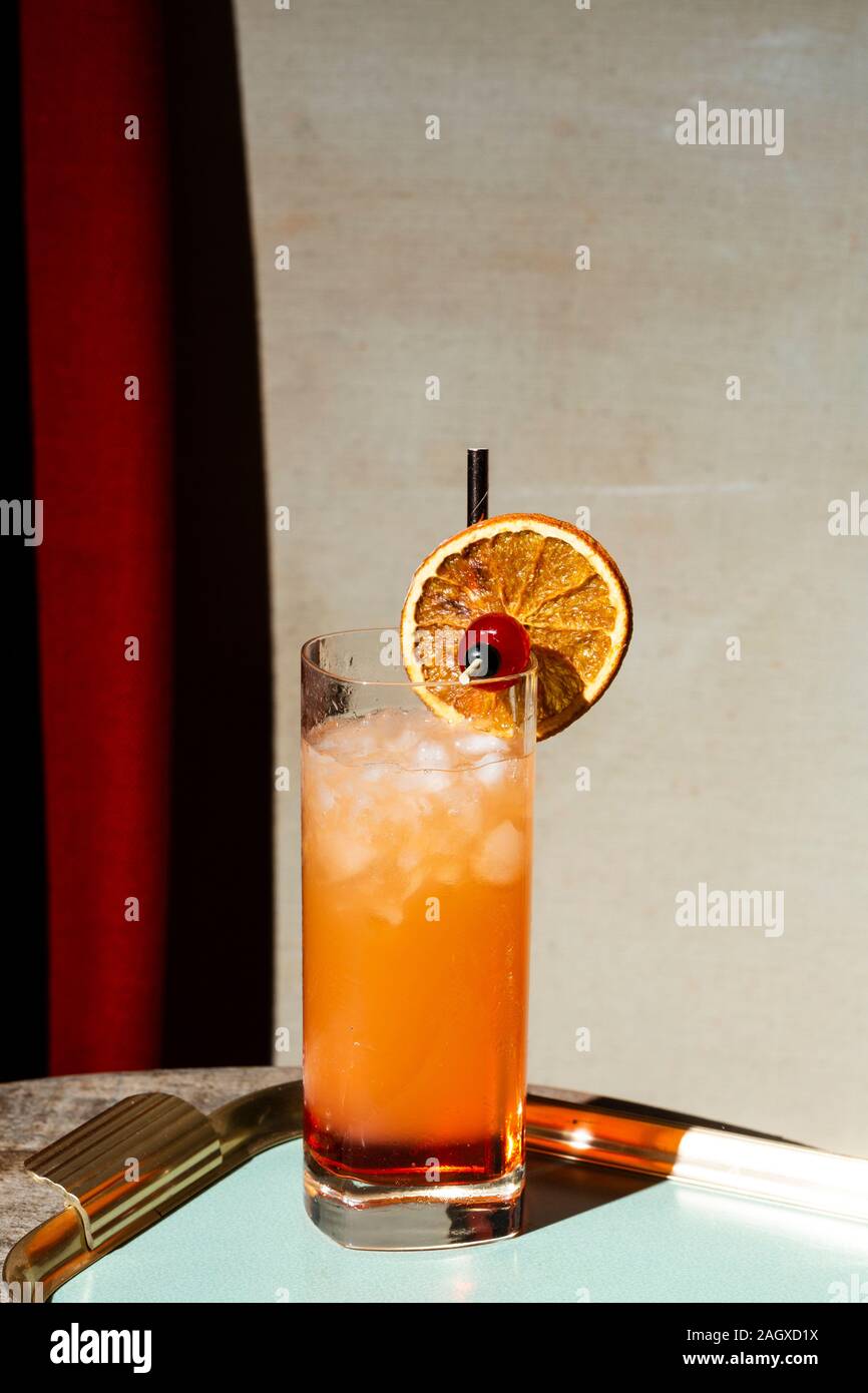 Tequila sunrise, a cocktail with tequila, freshly squeezed orange juice