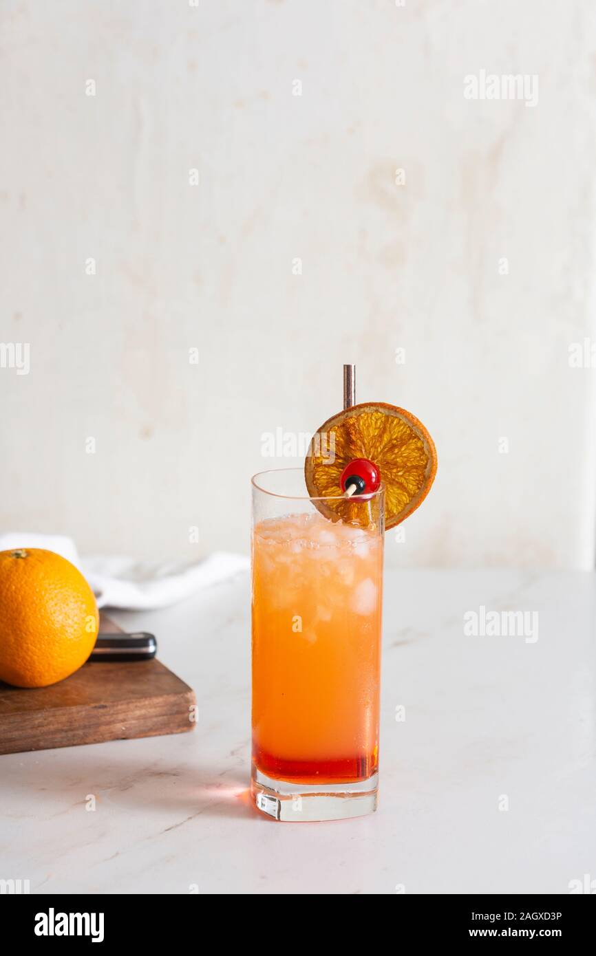 Tequila sunrise, a cocktail with tequila, freshly squeezed orange juice