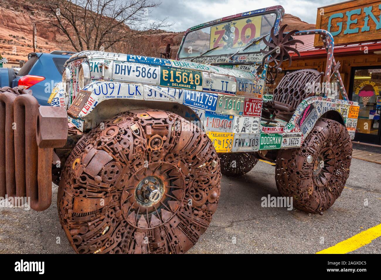 Moab, Utah, USA January 20, 2018 The Jeep is covered in license