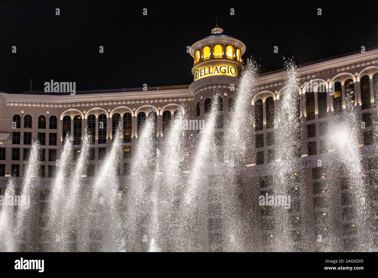 LAS VEGAS - JANUARY 24, 2018 : Fountains of Bellagio have been featured in several movies, is a large dancing water fountain synchronized to music on Stock Photo