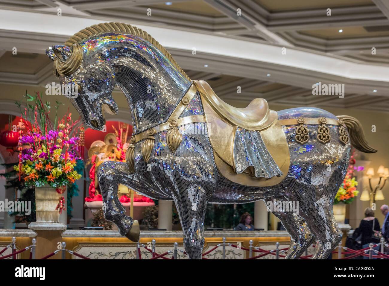 LAS VEGAS - JANUARY 24, 2018 :Luxury Glass Ceiling and reflective statue of the  horse at Bellagio hotel in Las Vegas, Nevada, USA Stock Photo - Alamy